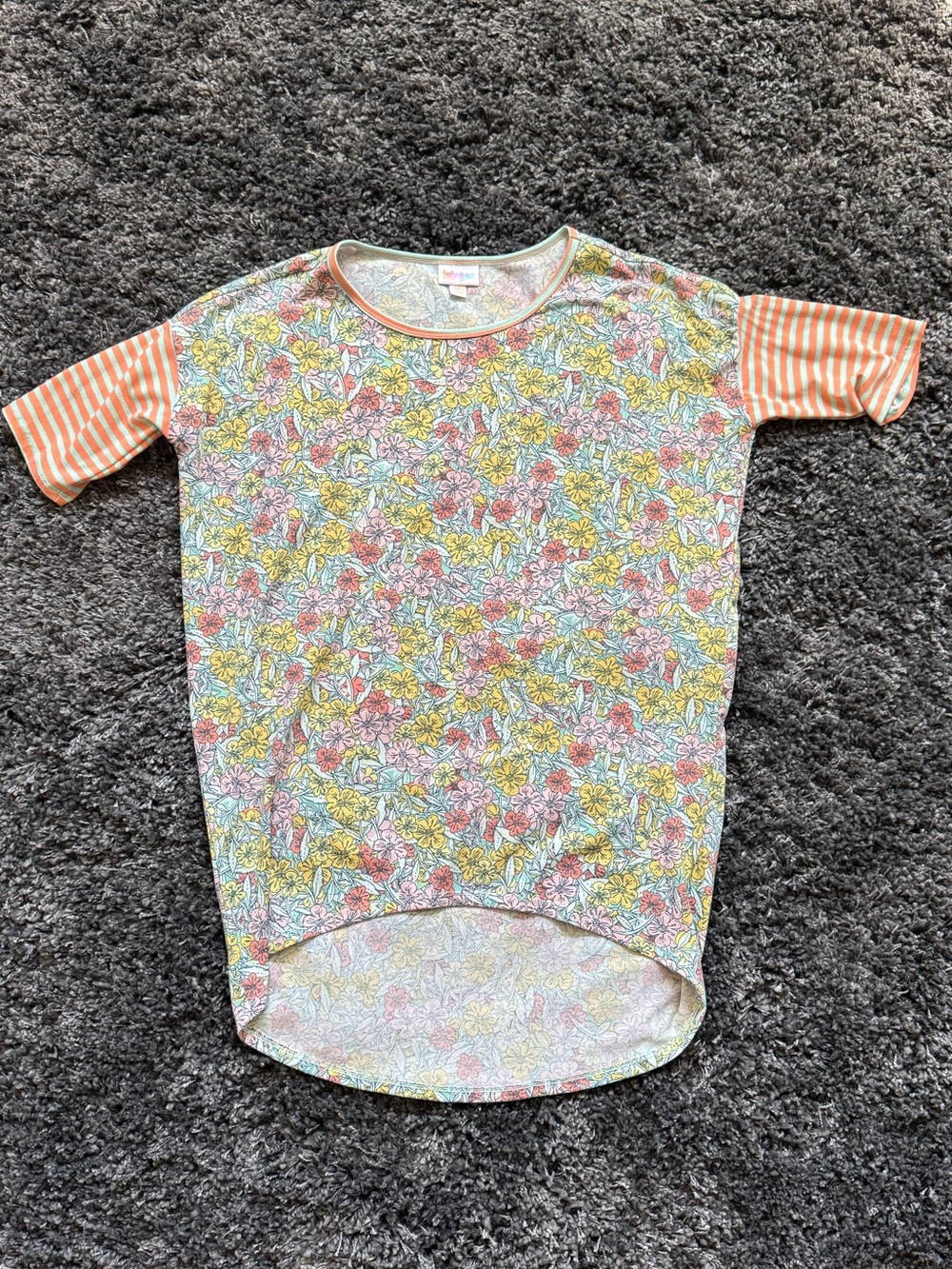 LuLaRoe Irma Tee- Floral with Orange Striped Sleeves